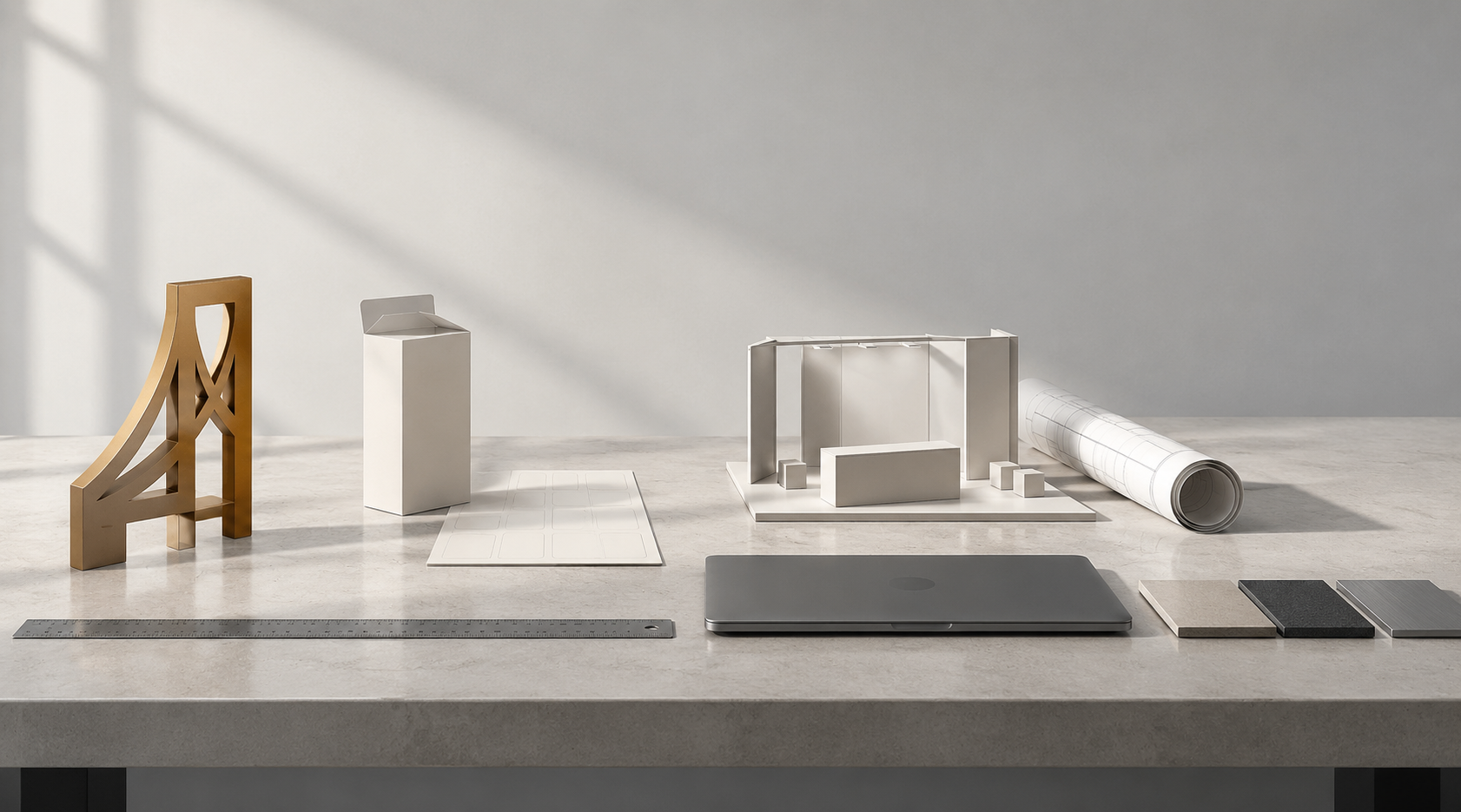 Une table de travail où se côtoient une enseigne, un emballage et une maquette de stand.