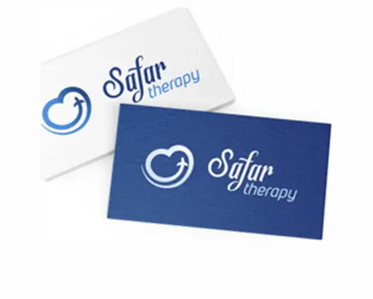 Cartes de visite Safar Therapy, recto blanc et recto bleu.